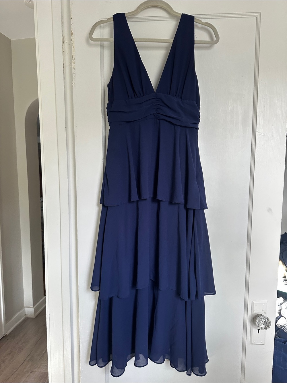 Lulu's Navy V-Neck Tiered Chiffon Midi Dress